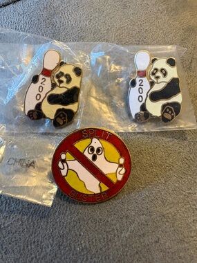Vintage Bowling Game 200 Panda And Split Buster Ghost Hat Lapel Pins Lot Of 3